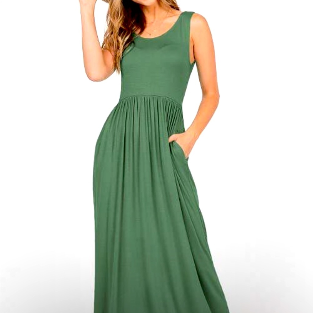 👗💚Dusty Green Maxi Dress - Sleeveless Maxi Dress With Empire Waist & POCKETS💚
